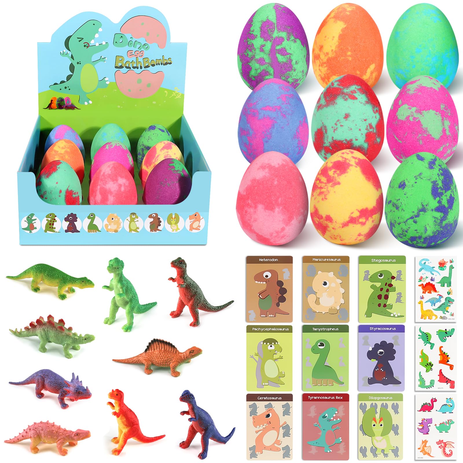 STARYAR 9-Pack Dinosaur Bath Bombs with Surprise Toys – Kids Bath Fizzies & Dino Cards