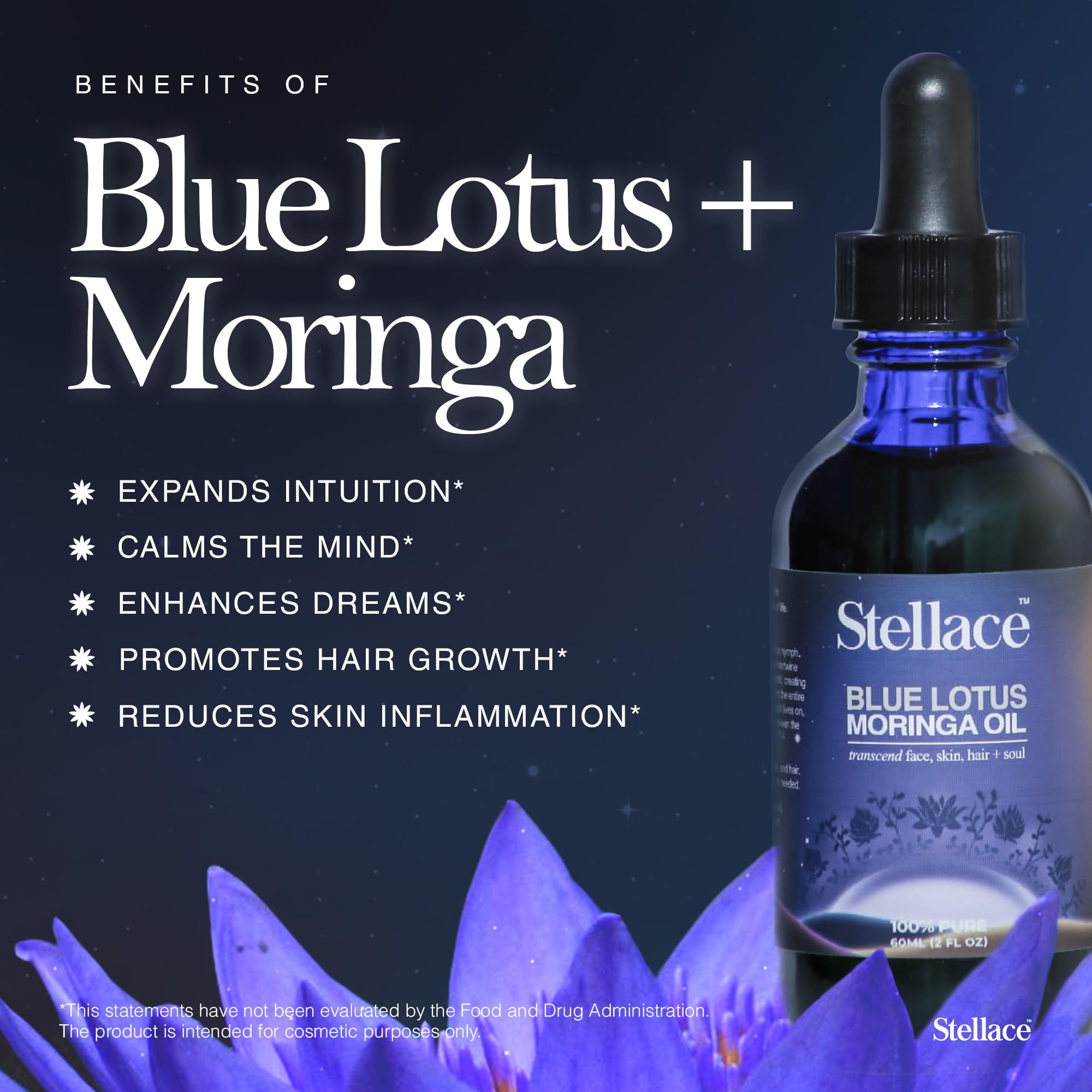 stellace Organic Egyptian Blue Lotus Moringa Oil – 60ml | Pure & Natural Therapeutic Grade for Face, Body & Hair