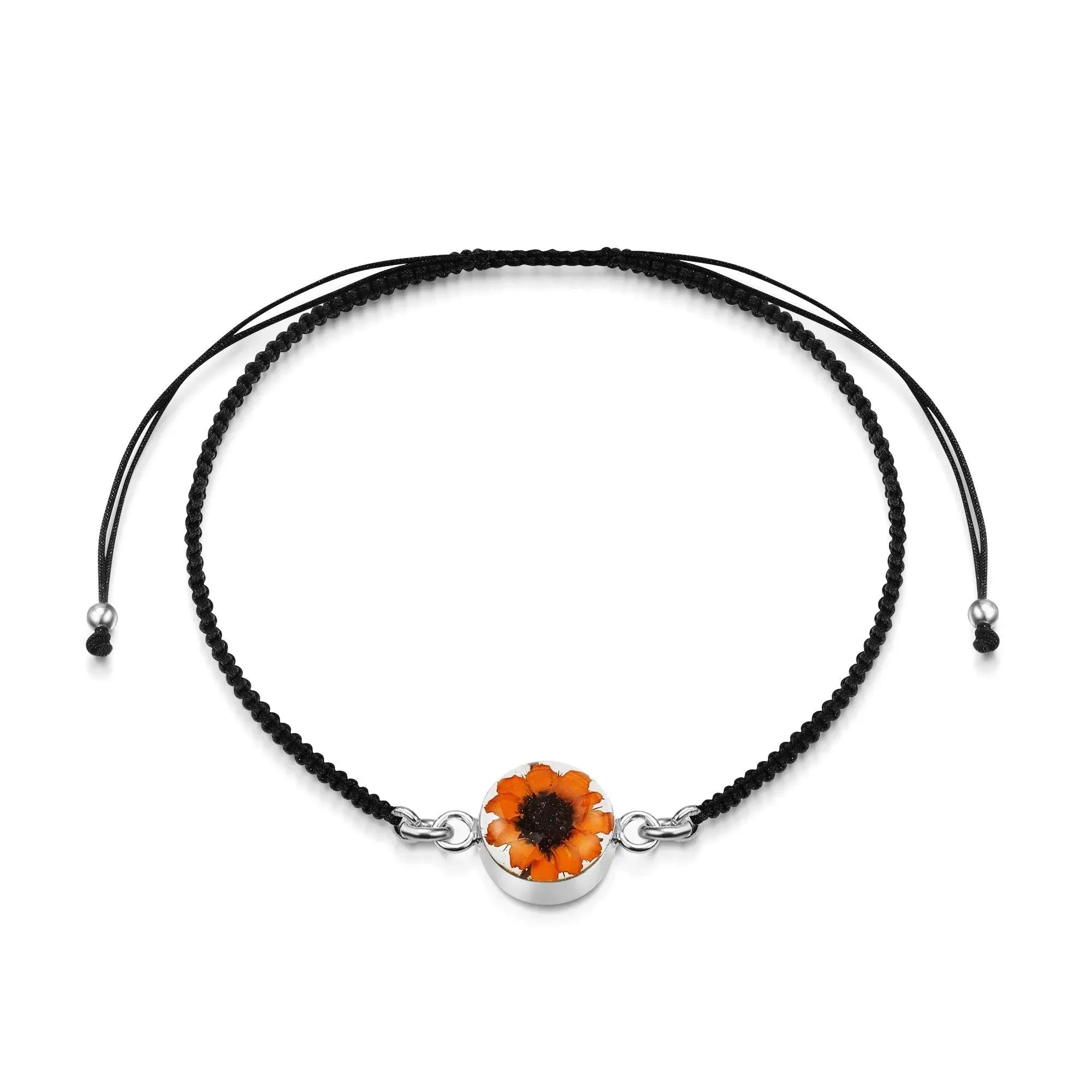 Sunflower Round  Black Woven Bracelet -  Silver