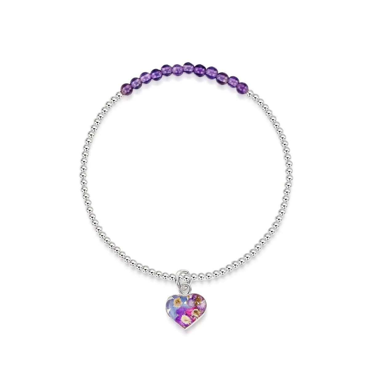 Purple Haze Amethyst Heart Stretch Silver Beaded Bracelet