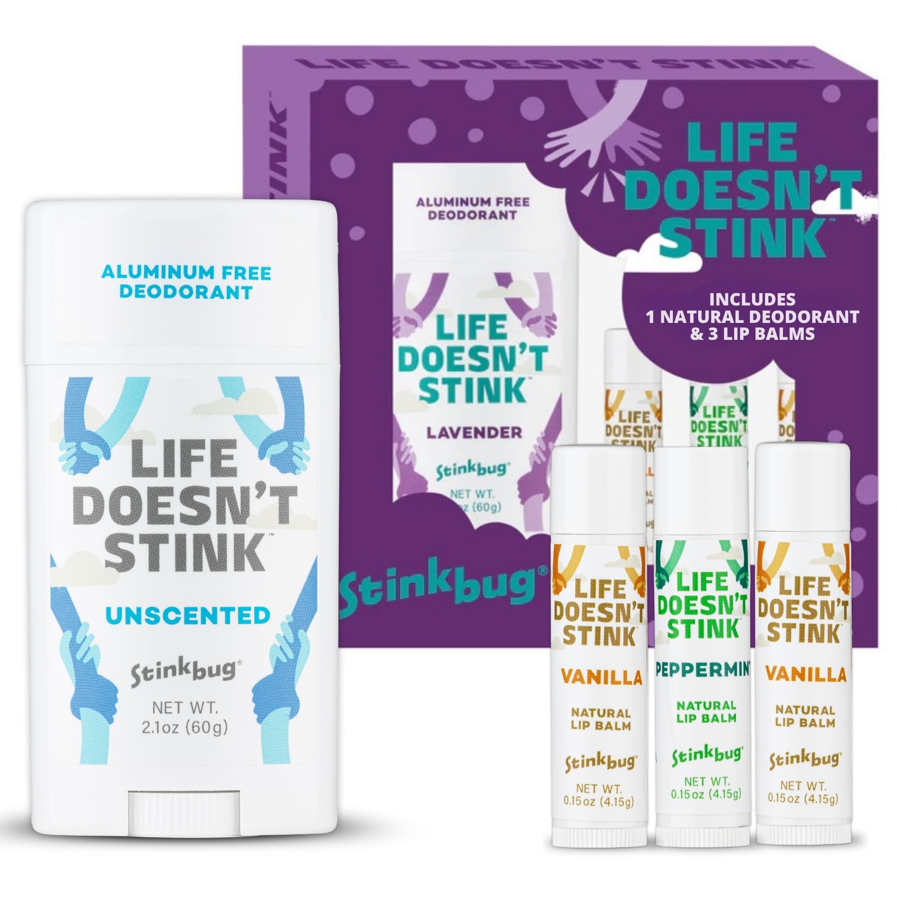 Stinkbug Naturals Aluminum-Free Deodorant + Lip Balms Bundle | Unscented 2.1oz + Vanilla & Peppermint Lip Balms