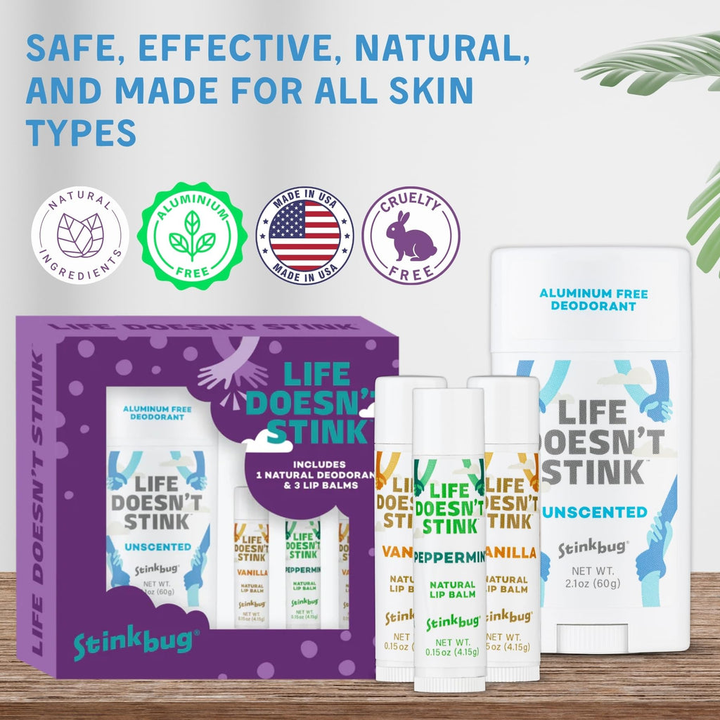 Stinkbug Naturals Aluminum-Free Deodorant + Lip Balms Bundle | Unscented 2.1oz + Vanilla & Peppermint Lip Balms