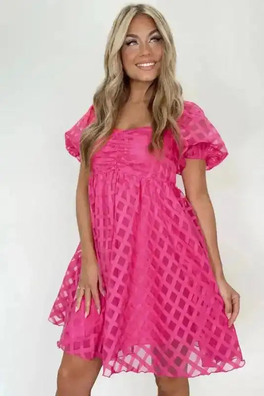 Pink Checkered Puff Sleeve Babydoll Dress Women UK