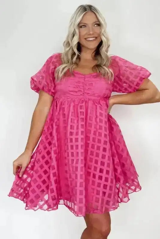 Pink Checkered Puff Sleeve Babydoll Dress Women UK