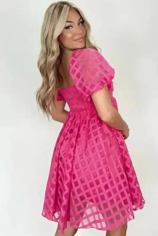 Pink Checkered Puff Sleeve Babydoll Dress Women UK