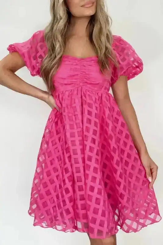 Pink Checkered Puff Sleeve Babydoll Dress Women UK