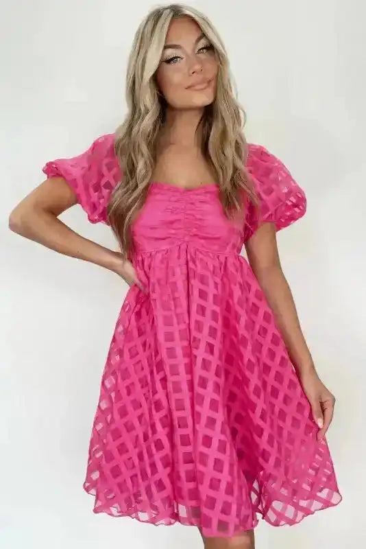 Pink Checkered Puff Sleeve Babydoll Dress Women UK
