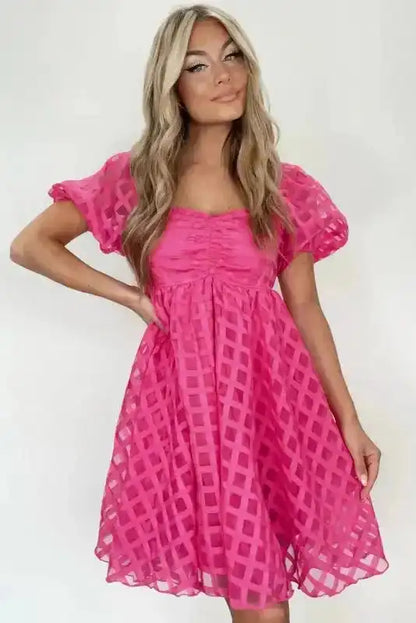 Pink Checkered Puff Sleeve Babydoll Dress Women UK