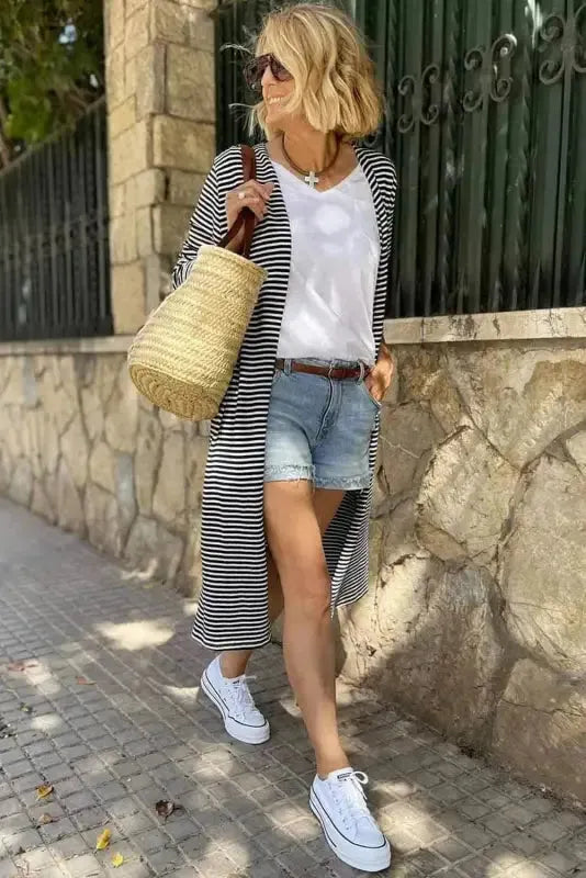 Striped Open Front Long Duster Cardigan Women UK