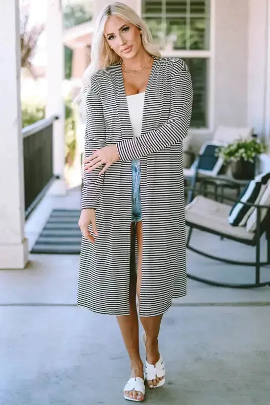 Striped Open Front Long Duster Cardigan Women UK
