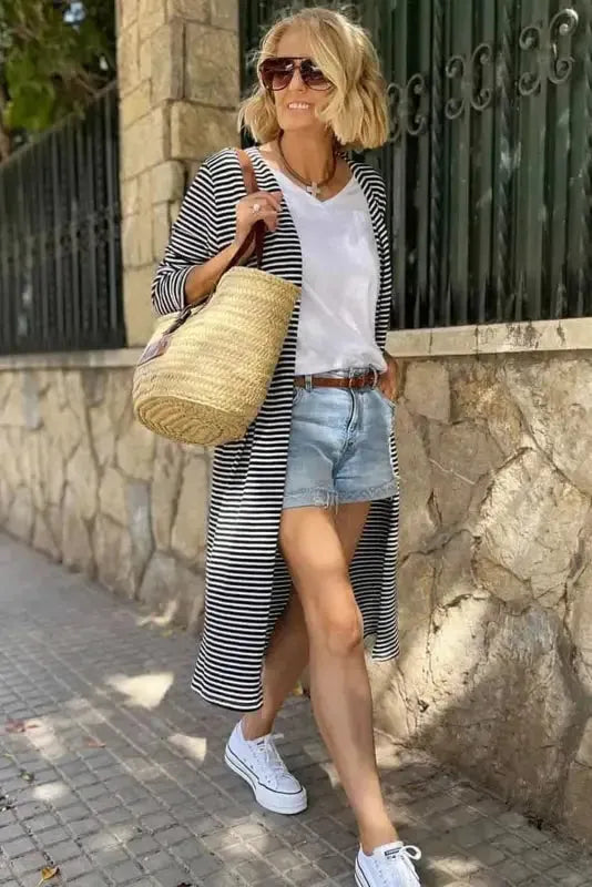 Striped Open Front Long Duster Cardigan Women UK