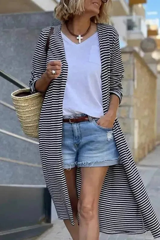 Striped Open Front Long Duster Cardigan Women UK