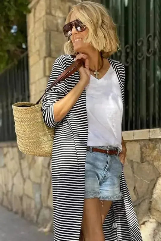 Striped Open Front Long Duster Cardigan Women UK