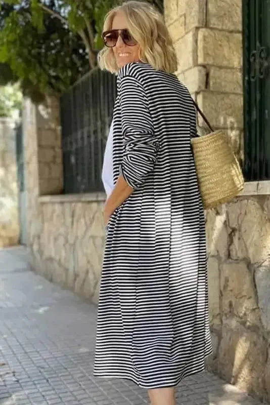 Striped Open Front Long Duster Cardigan Women UK