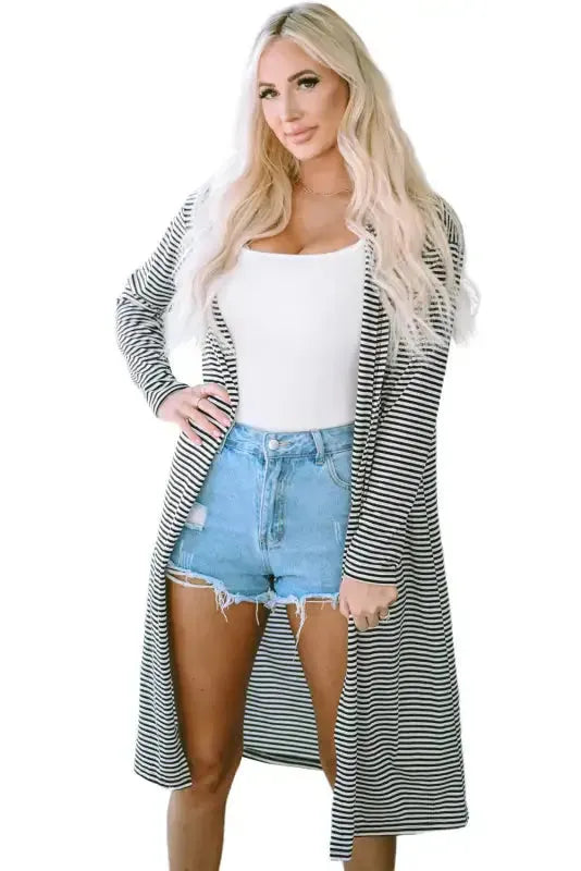 Striped Open Front Long Duster Cardigan Women UK