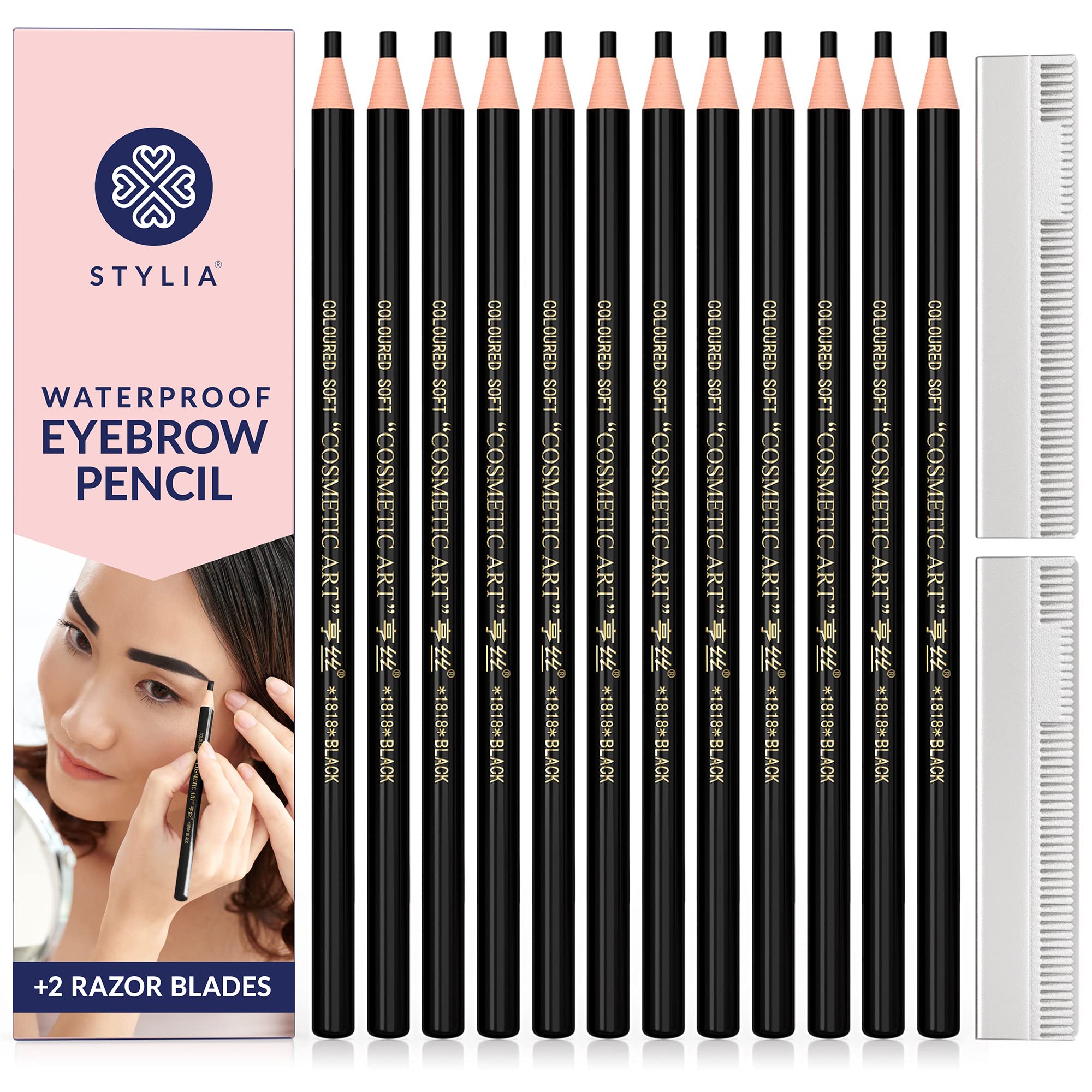 Stylia Waterproof Eyebrow Pencils for Women – Long-Lasting Microblading Brow Pencil Set (12PC Black)