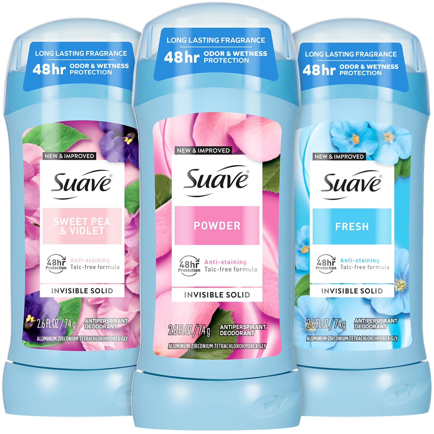 Suave Antiperspirant Deodorant for Women Variety 3-Pack – Powder, Fresh & Sweet Pea & Violet | Invisible, Talc-Free