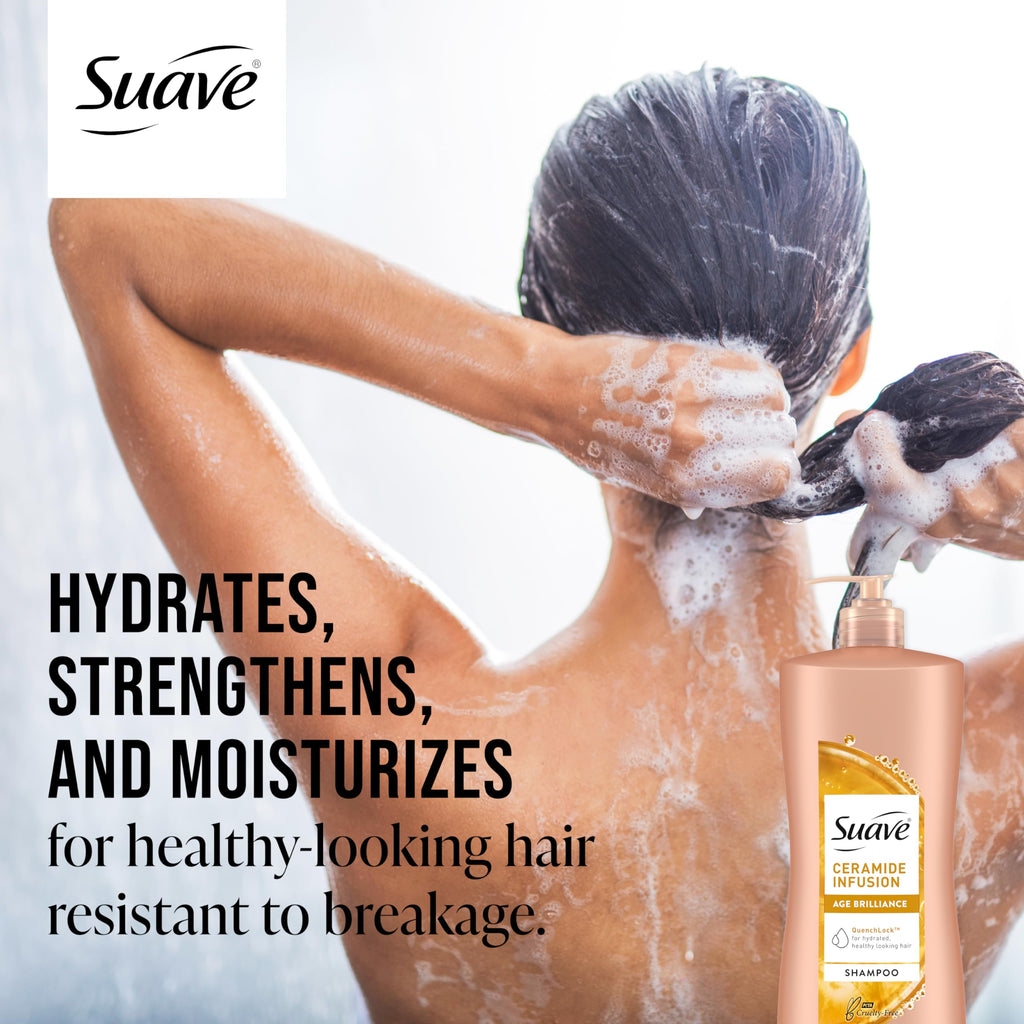 Suave Ceramide Age Brilliance Shampoo – Moisturizing & Strengthening pH-Balanced Anti-Frizz for Women, 28 Oz (Pack of 4)