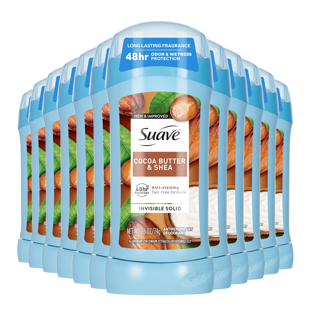 Suave Cocoa Butter & Shea Invisible Antiperspirant Deodorant for Women, 48-Hour Protection, 2.6 oz, 12-Pack