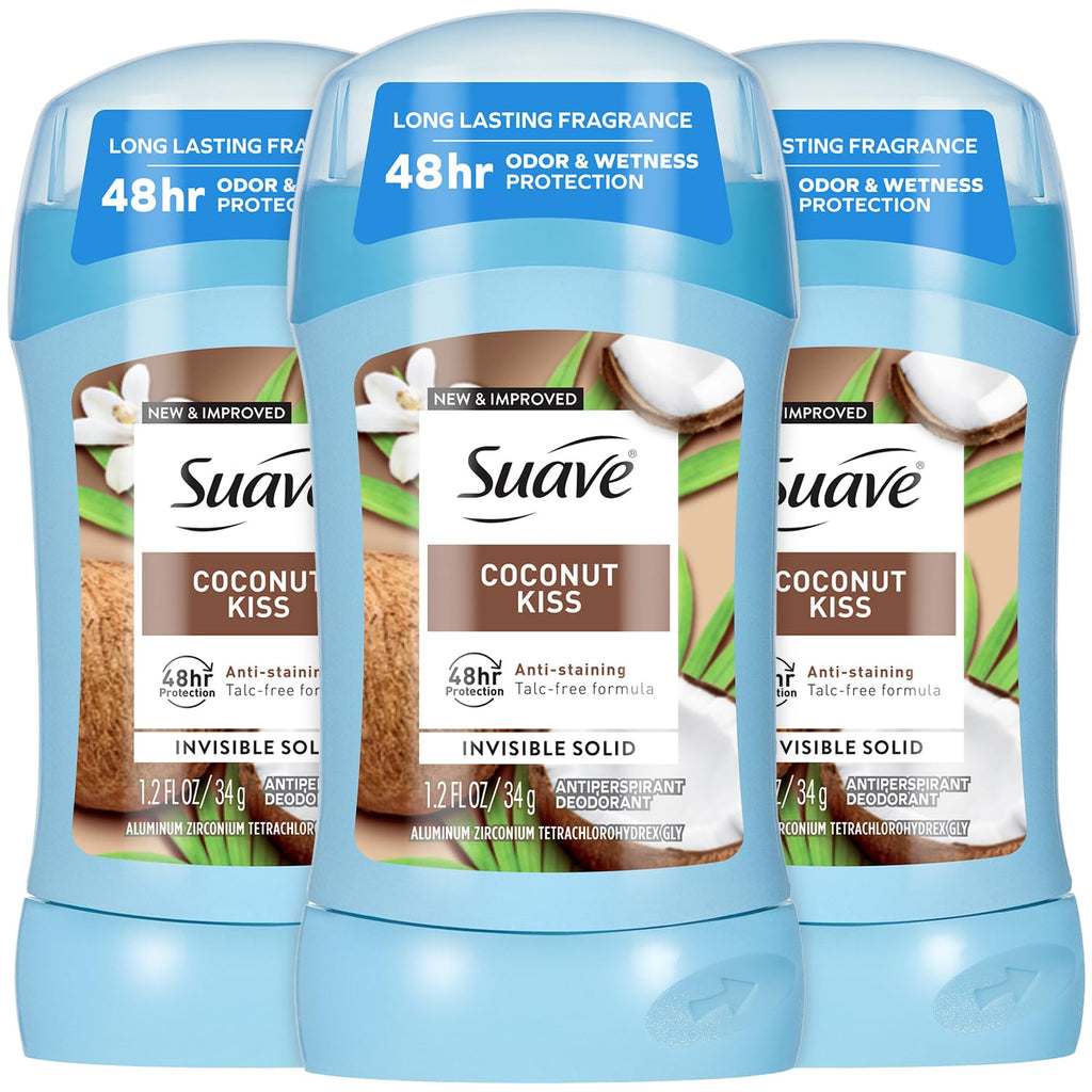Suave Coconut Kiss 3-Pack Antiperspirant Deodorant for Women – Invisible, Talc-Free, 48H Protection