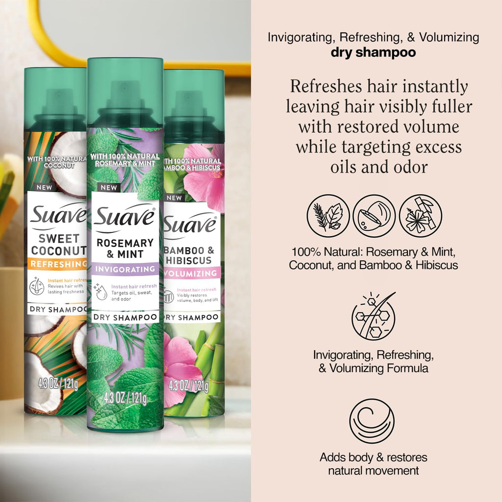 Suave Dry Shampoo Spray Variety 3-Pack – Rosemary & Mint, Bamboo & Hibiscus, Sweet Coconut (4.3 oz each)