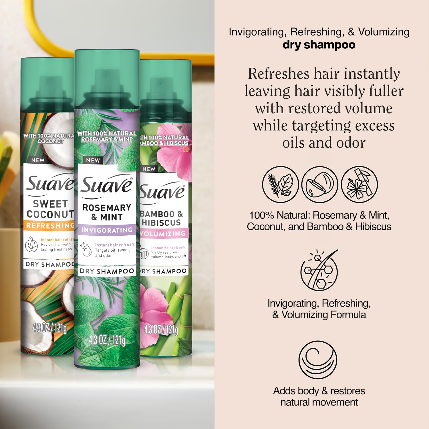 Suave Dry Shampoo Spray Variety 3-Pack – Rosemary & Mint, Bamboo & Hibiscus, Sweet Coconut (4.3 oz each)