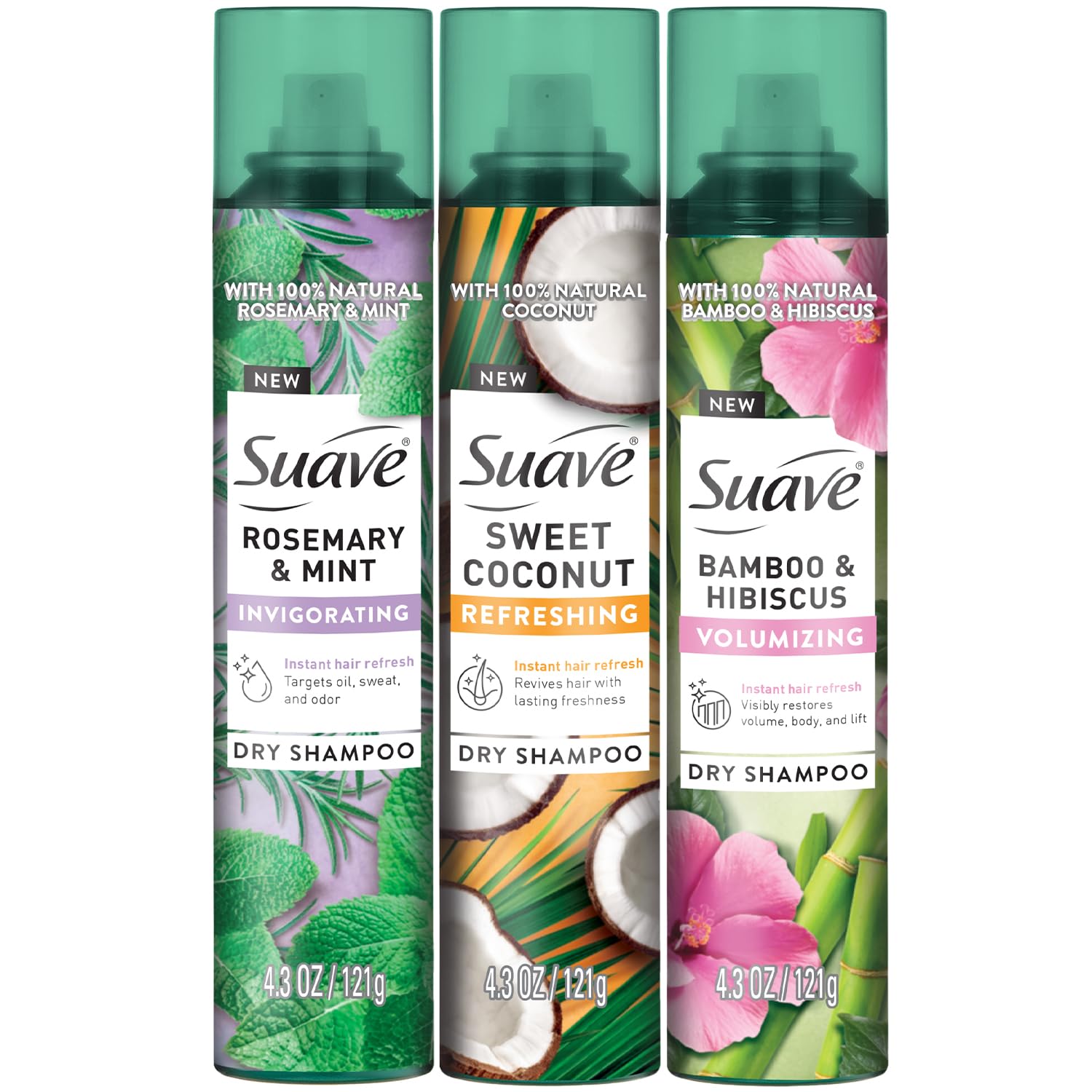 Suave Dry Shampoo Spray Variety 3-Pack – Rosemary & Mint, Bamboo & Hibiscus, Sweet Coconut (4.3 oz each)