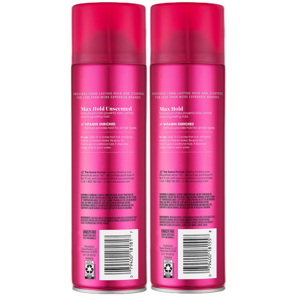 Suave Max Hold Hairspray 2-Pack – Unscented & Scented, 11 oz Each