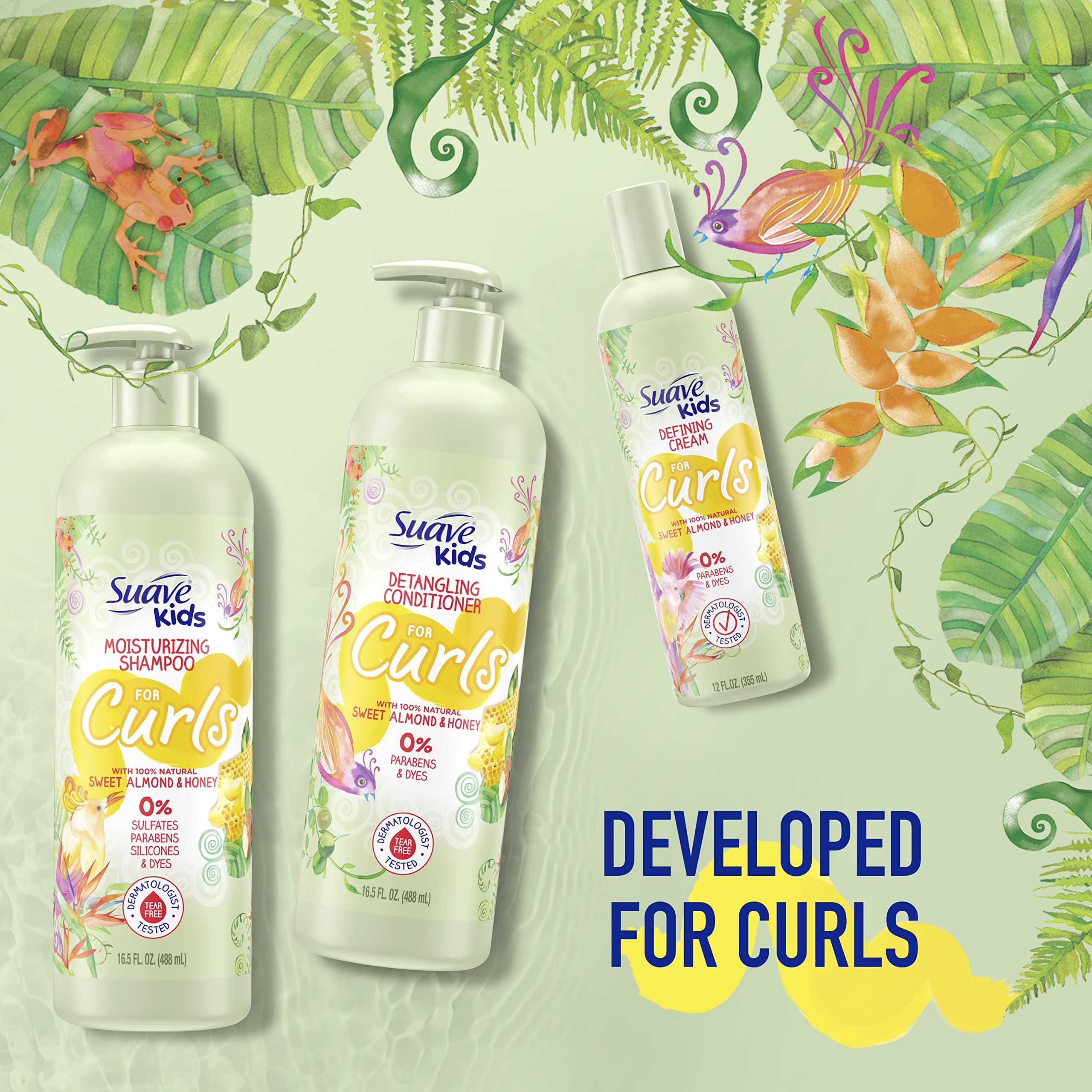 Suave Kids Shampoo & Conditioner for Curls – Sweet Almond & Honey (2-Pack) + Detangler Spray
