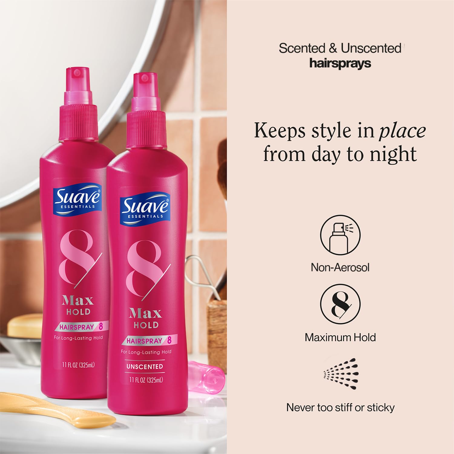 Suave Max Hold Hairspray Bundle – Non-Aerosol, Unscented & Scented, 11 oz (3-Piece)