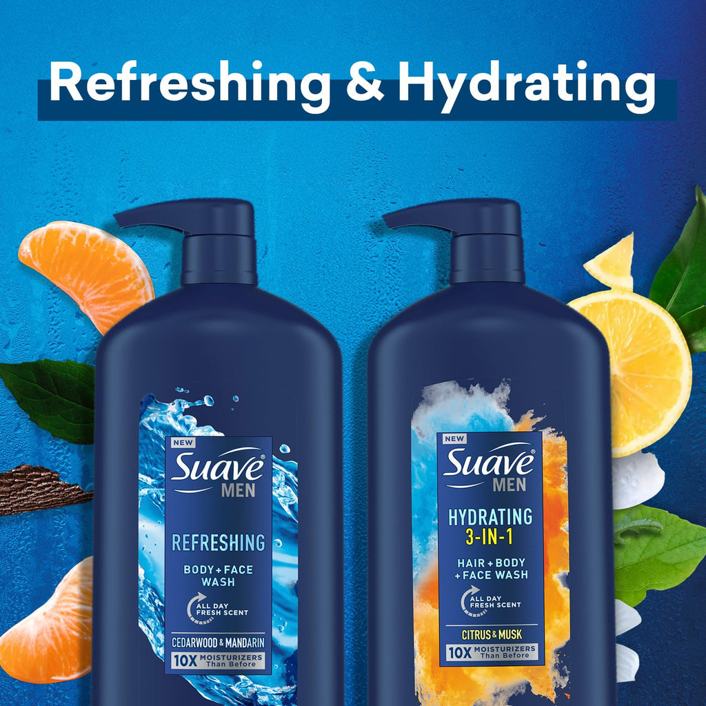 Suave Men Shower Essentials Variety 3-Pack – Hydrating 3-in-1 Hair + Body + Face Wash & Refreshing Body + Face Wash, 30 Oz Each