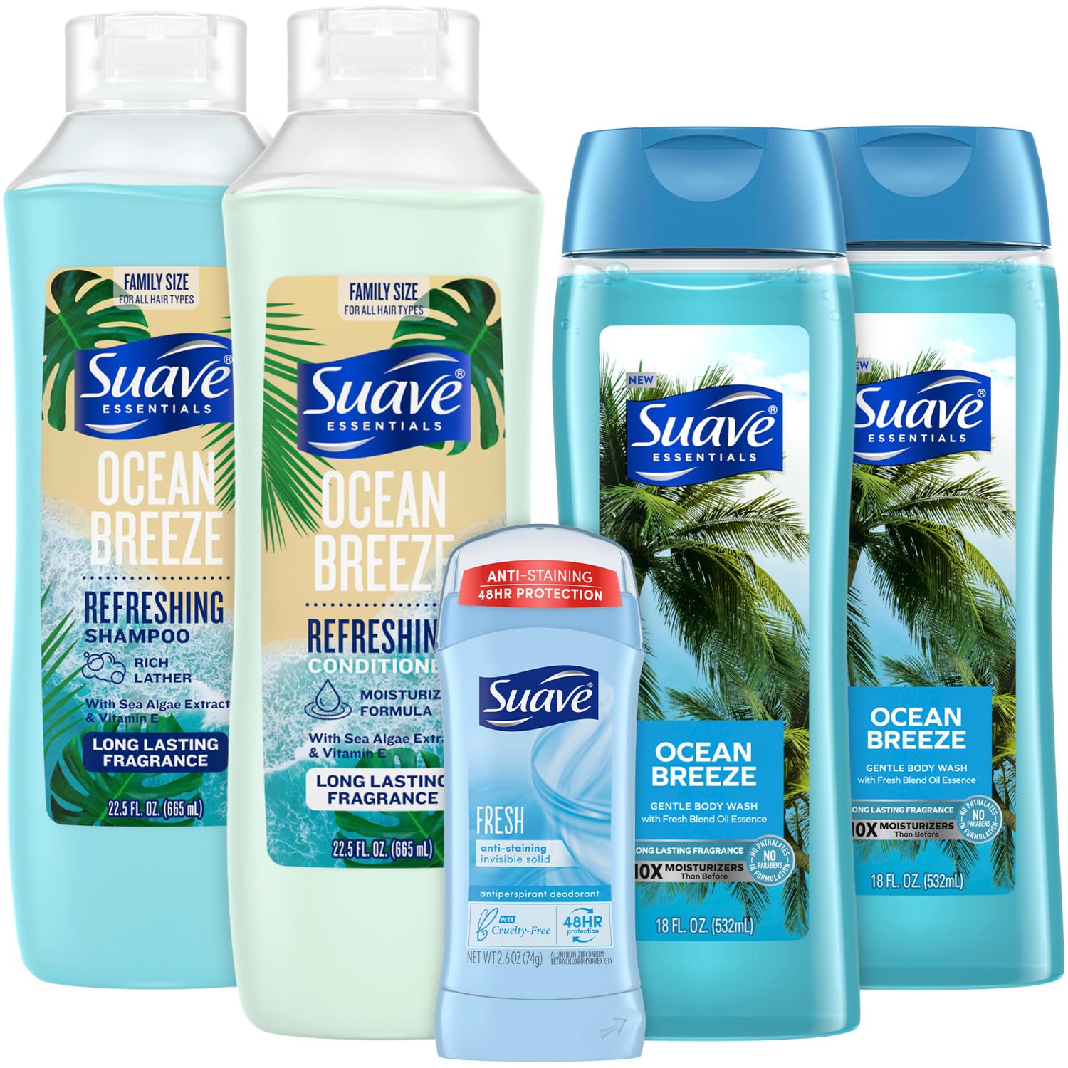 Suave Ocean Breeze 5-Piece Set — Body Wash 2-Pack, Shampoo & Conditioner, Deodorant for Women