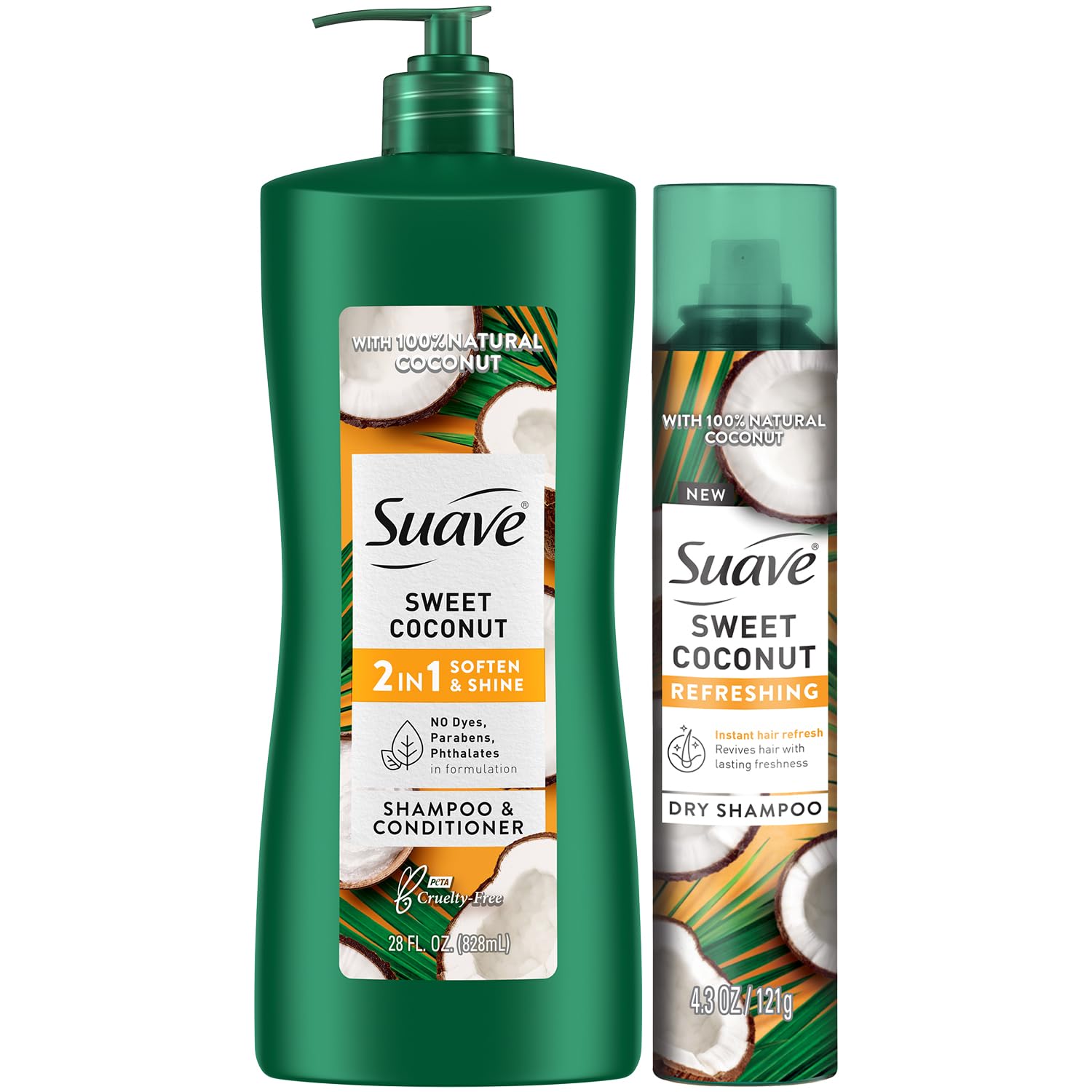 Suave Sweet Coconut Shampoo & Conditioner 2-in-1 + Dry Shampoo for Women – Gentle Formula with 100% Natural Coconut Oil