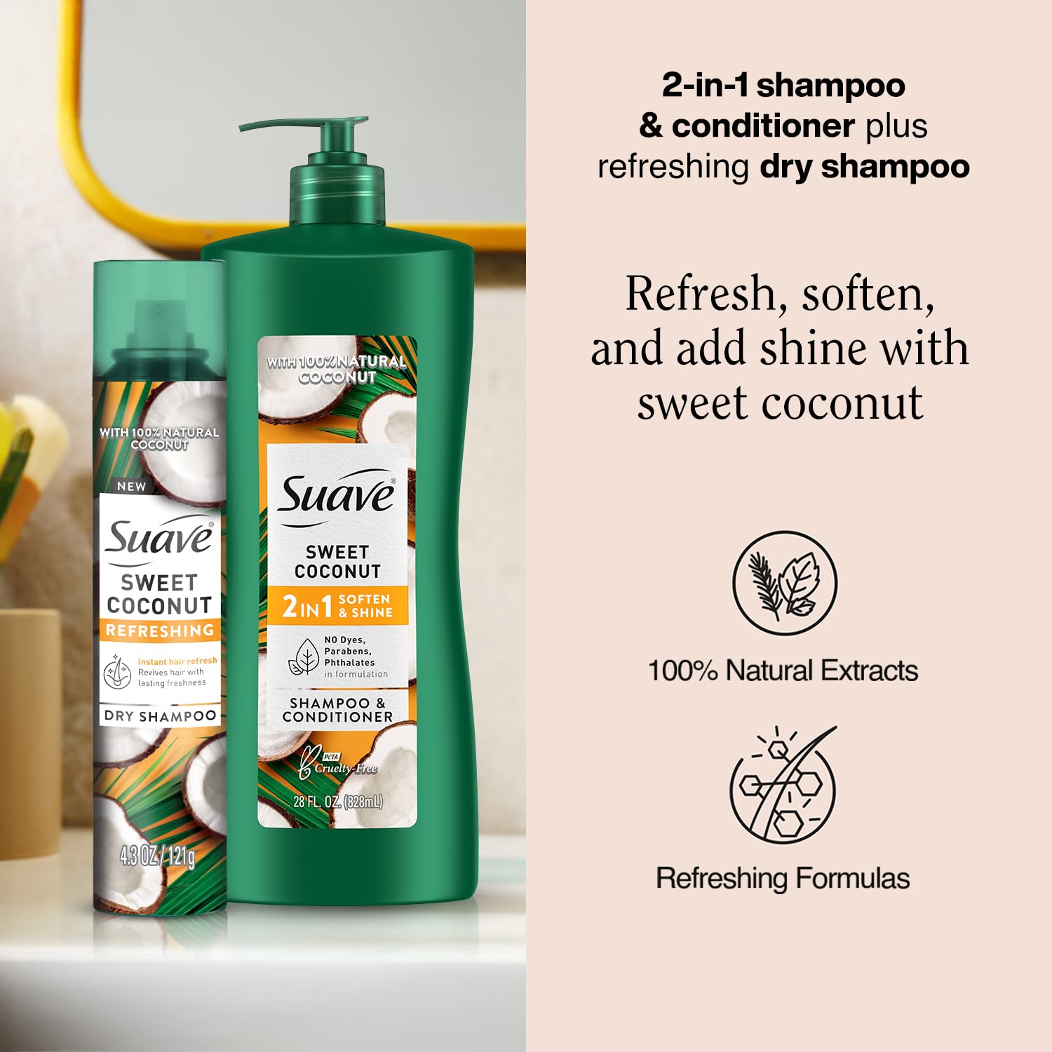 Suave Sweet Coconut Shampoo & Conditioner 2-in-1 + Dry Shampoo for Women – Gentle Formula with 100% Natural Coconut Oil
