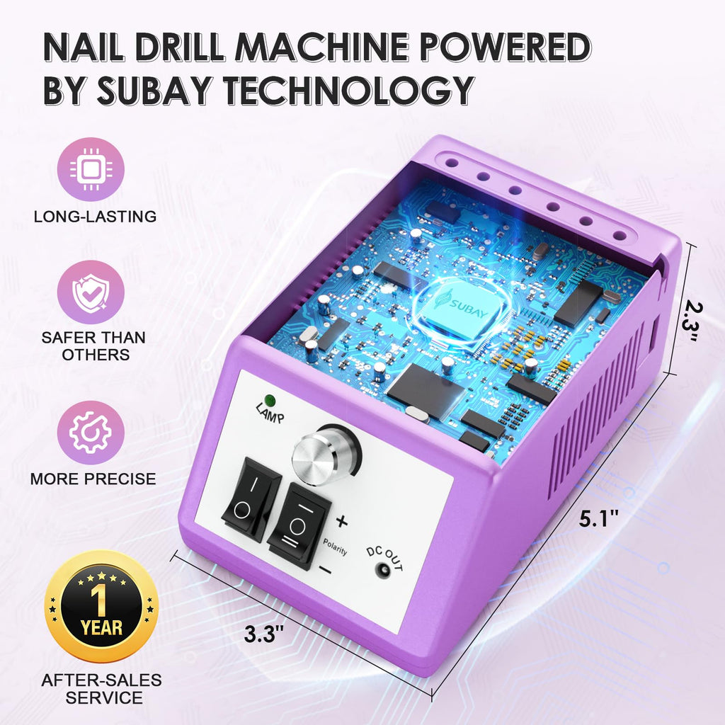 SUBAY Professional Nail Drill Kit Purple – Finger & Toe E-file for Mani Pedi