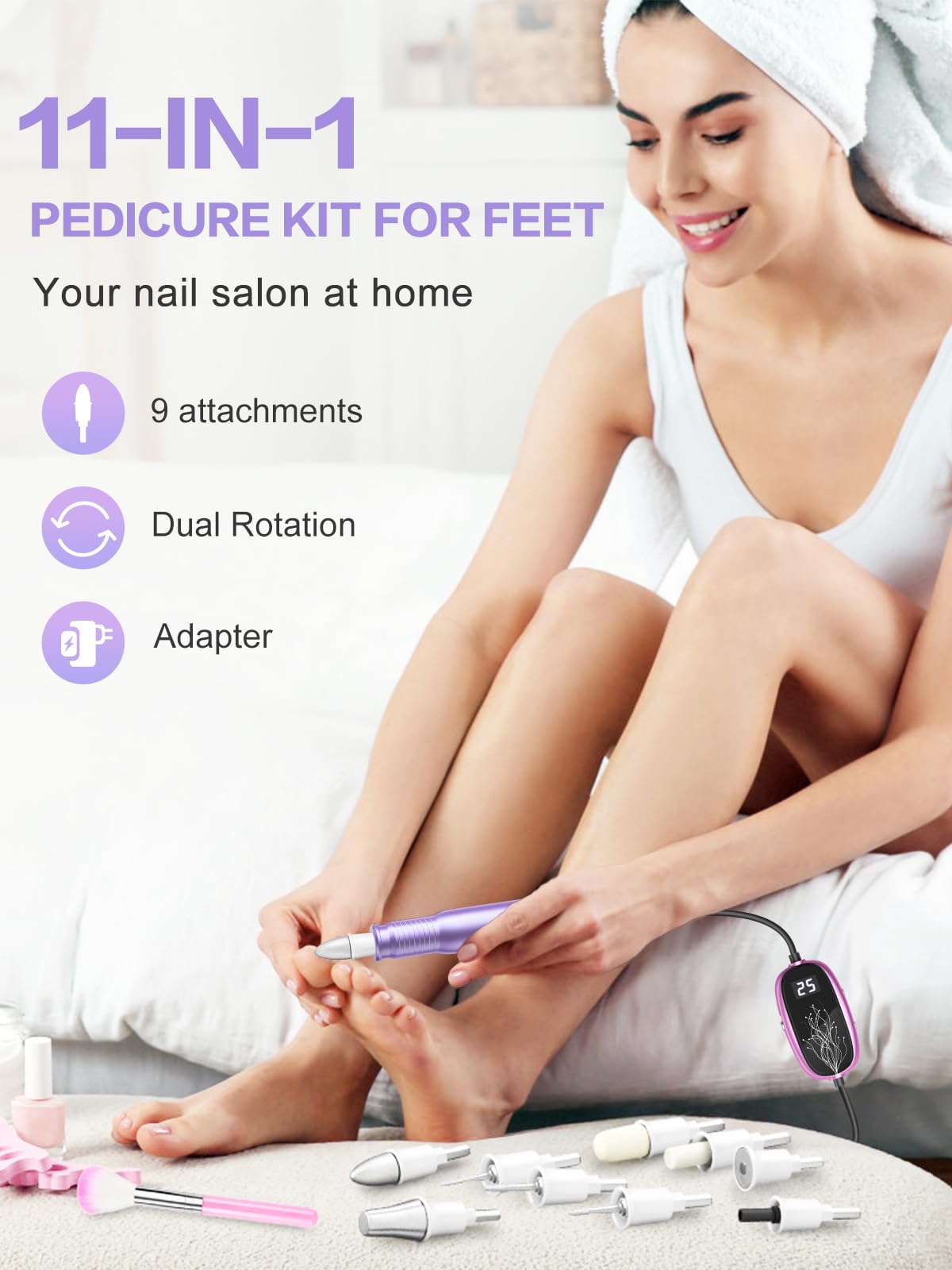 SUBAY Professional Manicure Pedicure Kit – Electric Nail Drill 25,000 RPM, 11 Attachments + 20 Bands