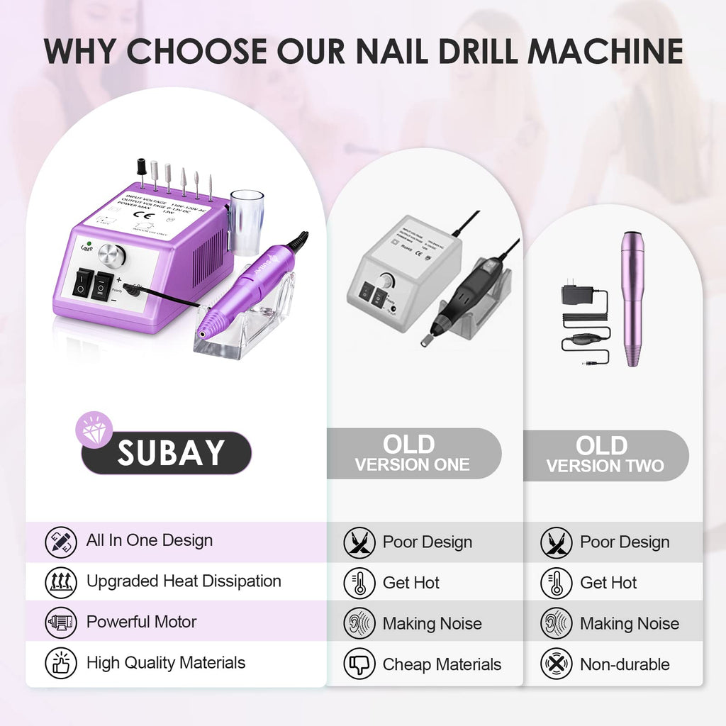 SUBAY Professional Nail Drill Kit Purple – Finger & Toe E-file for Mani Pedi