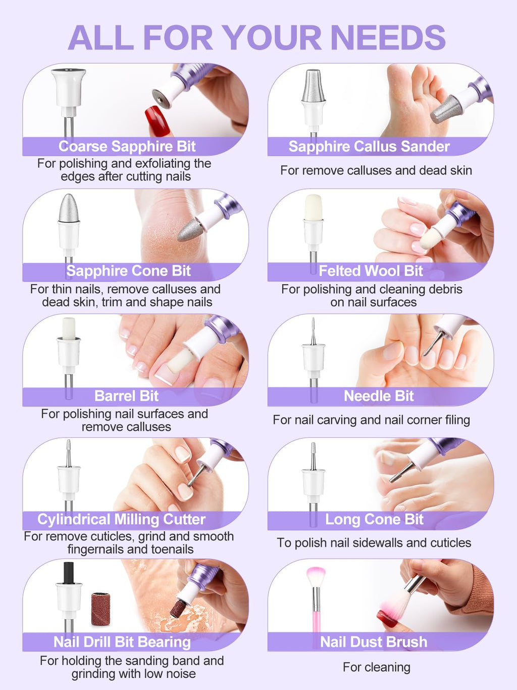 SUBAY Professional Manicure Pedicure Kit – Electric Nail Drill 25,000 RPM, 11 Attachments + 20 Bands