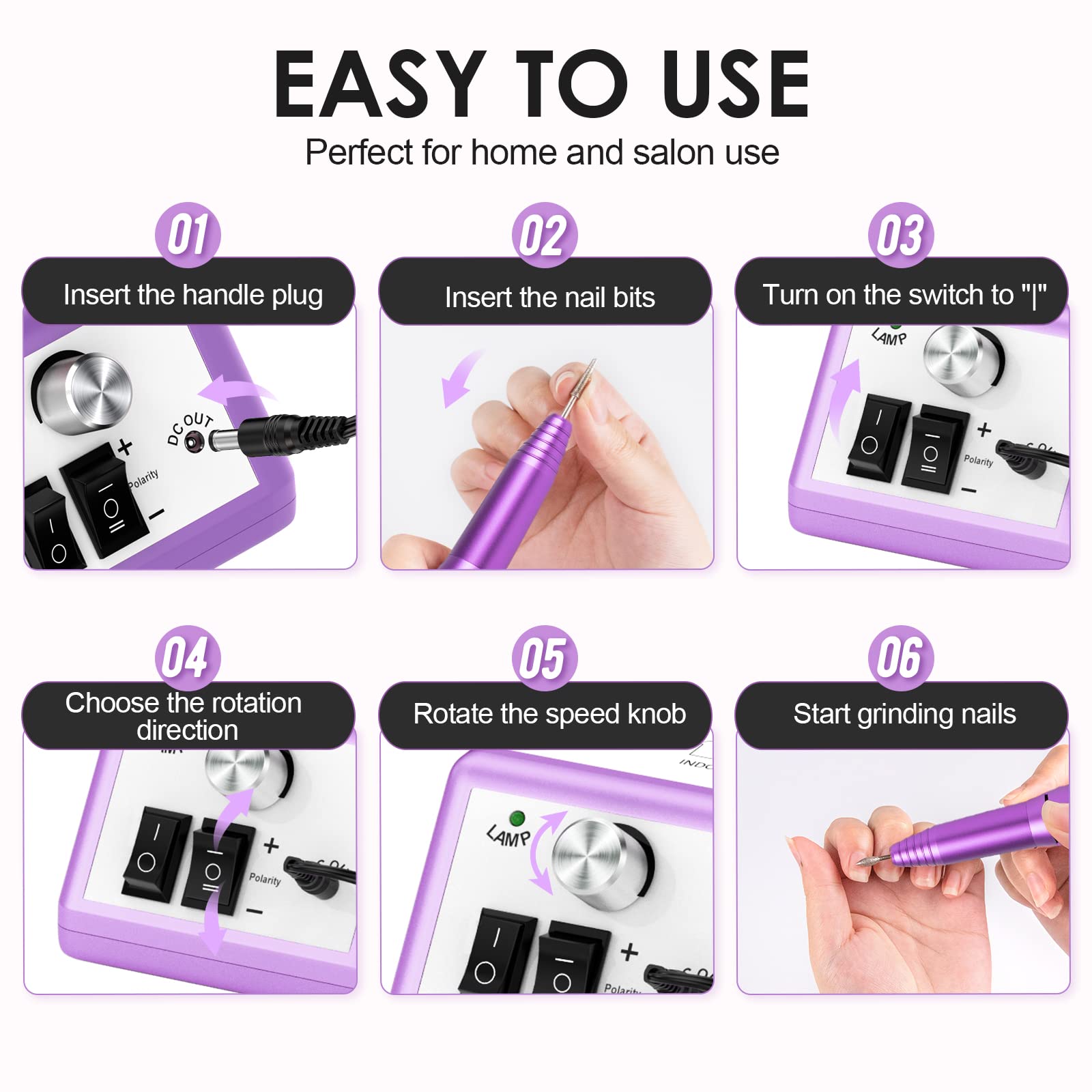SUBAY Professional Nail Drill Kit Purple – Finger & Toe E-file for Mani Pedi