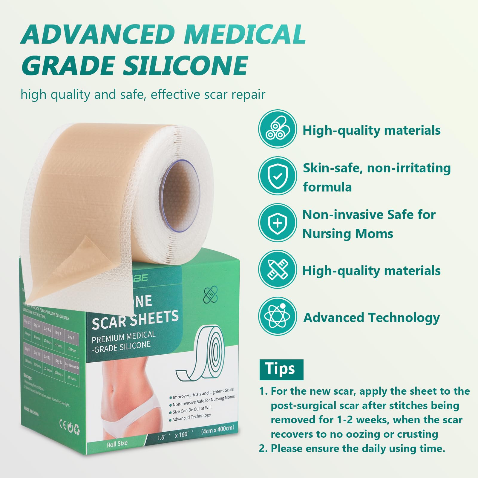 SUCONBE Silicone Scar Tape – Medical Grade Scar Sheets (1.6 x 160 in Roll) for C-Section, Tummy Tuck, and Post-Surgery Scars
