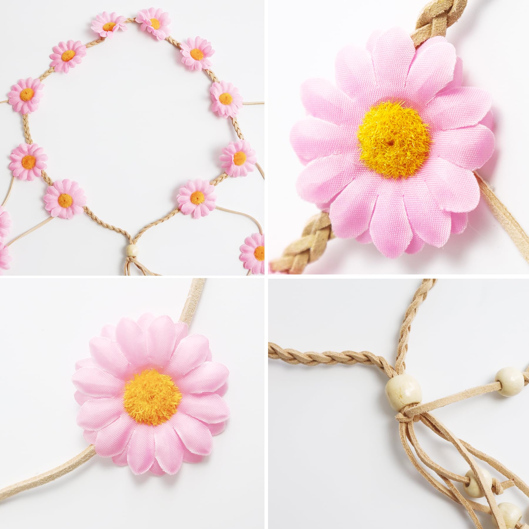 Sucrain 2pcs Flower Hippie Headband – Floral Crown Sunflower Hair Accessory (White & Pink)