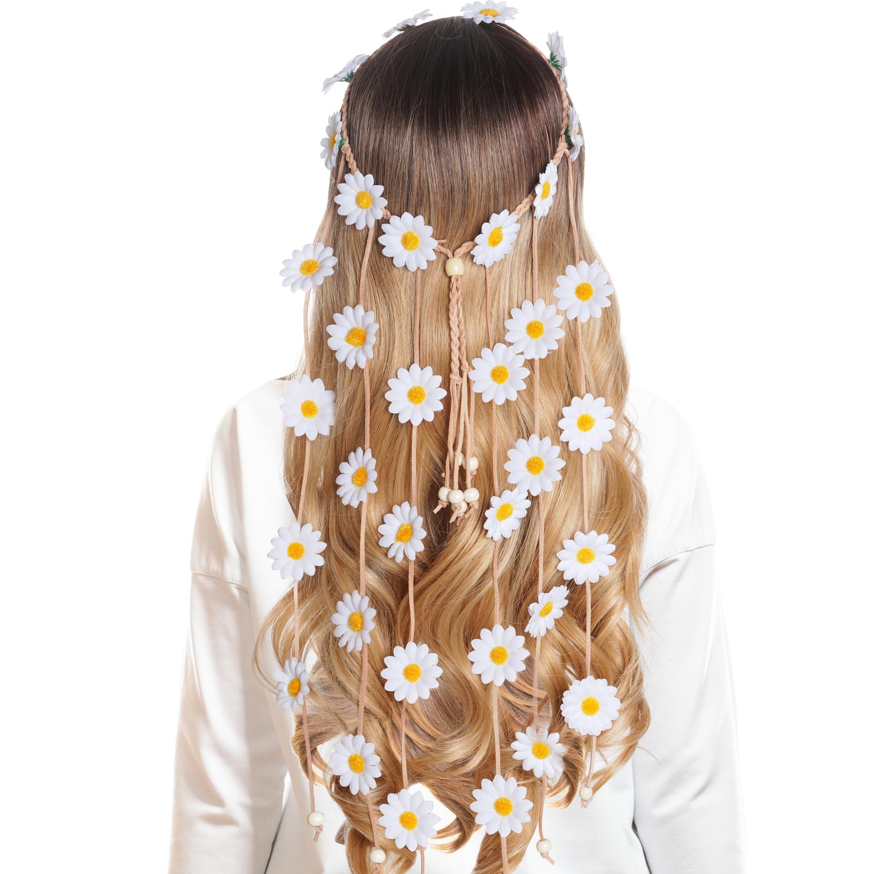 Sucrain 2pcs Flower Hippie Headband – Floral Crown Sunflower Hair Accessory (White & Pink)