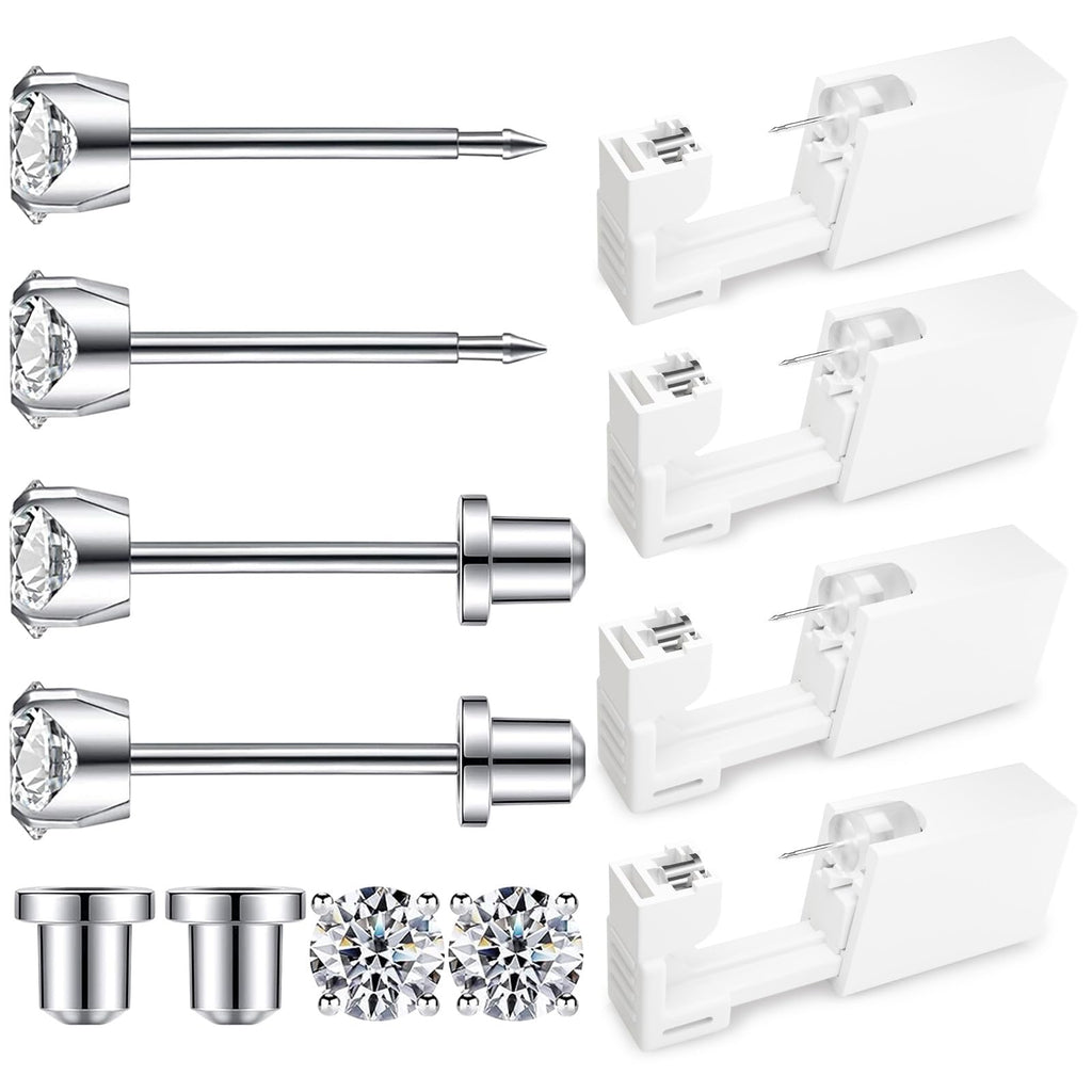 SugarTang Ear Piercing Kit - 316L Stainless Steel, 4mm CZ, 4-Pack | At-Home Disposable Piercing Gun & Stud Earrings