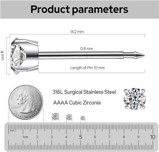 SugarTang Ear Piercing Kit - 316L Stainless Steel, 4mm CZ, 4-Pack | At-Home Disposable Piercing Gun & Stud Earrings