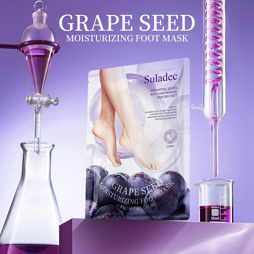 SULADEC Moisturizing Foot Mask – Grape Seed Oil & Shea Butter, Hydrates Dry Feet (7 Pairs)