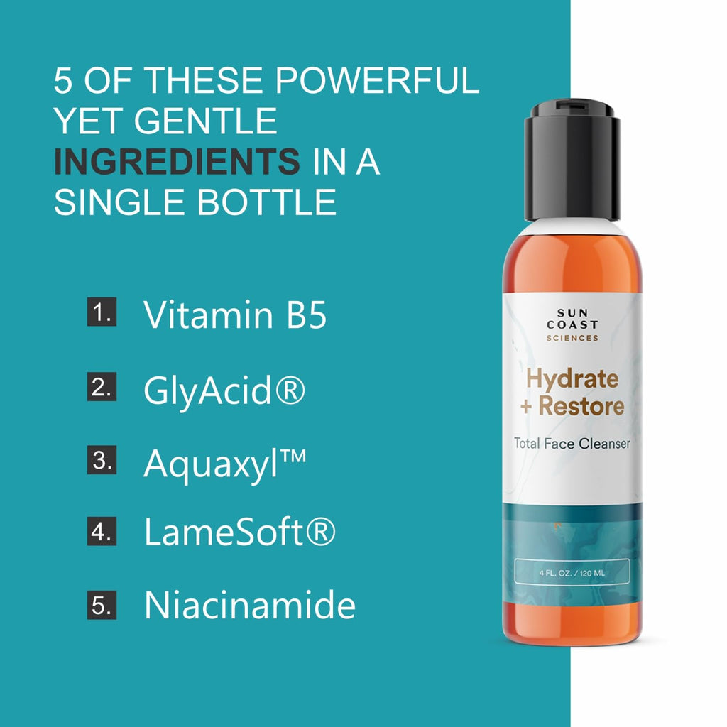 SUN COAST SCIENCES Hydrate + Restore Total Face Cleanser – Niacinamide + B5, All Skin Types, 4 oz