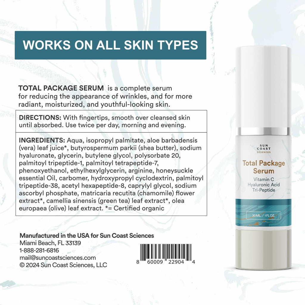 Sun Coast Sciences Total Package Serum – All-In-One Vitamin C + Hyaluronic Acid + Peptides (1 fl oz x6)