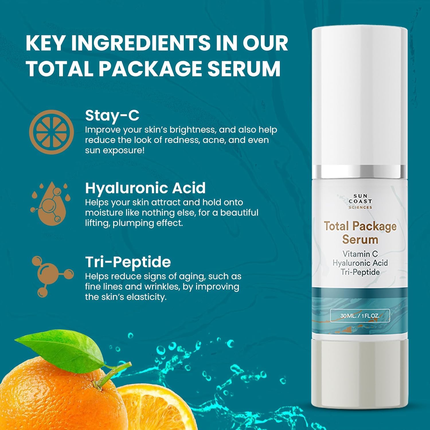 Sun Coast Sciences Total Package Serum – All-In-One Vitamin C + Hyaluronic Acid + Peptides (1 fl oz x6)