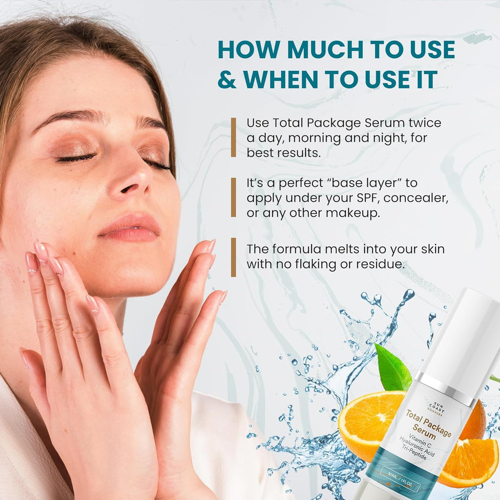 Sun Coast Sciences Total Package Serum – All-In-One Vitamin C + Hyaluronic Acid + Peptides (1 fl oz x6)