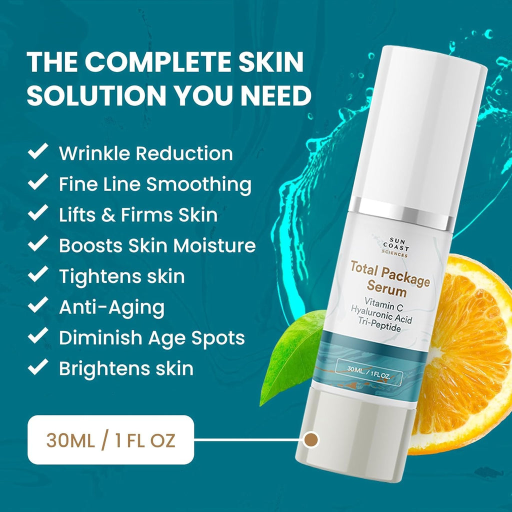 Sun Coast Sciences Total Package Serum – All-In-One Vitamin C + Hyaluronic Acid + Peptides (1 fl oz x6)
